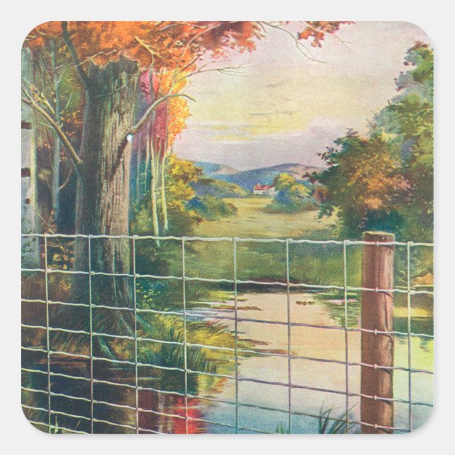 American Steel & Wire Co Fence Roadside Scene Square Sticker (Front)