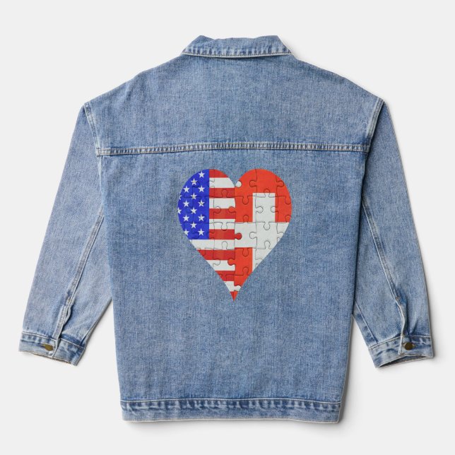 American Swiss Flag Heart  Denim Jacket (Back)
