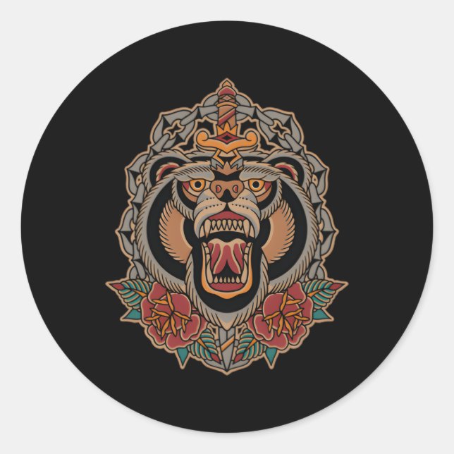 American Traditional Tattoo Flash Bear Old School  Classic Round Sticker (Front)