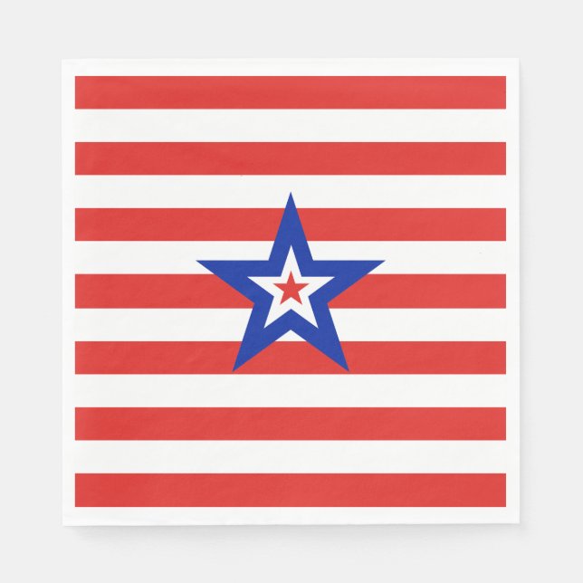 American Tri-Coloured Star on Red and White Stripe Napkin (Front)