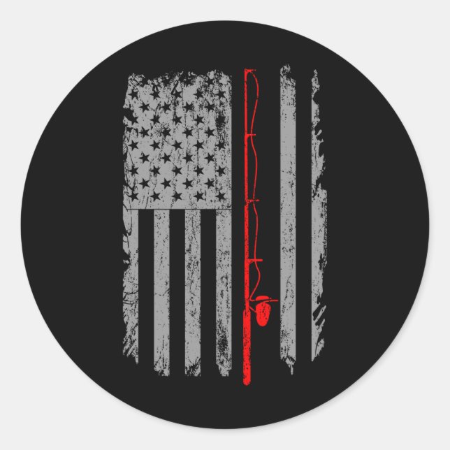 American US Flag Fishing Rod Fishing Angler Classic Round Sticker (Front)