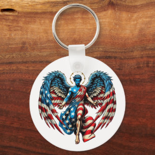 American USA Flag Angel Man Patriotic Art Keychain