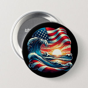 American USA Flag Beach Wave Sunset Patriotic Art 3 Inch Round Button
