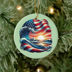 American USA Flag Beach Wave Sunset Patriotic Art Ceramic Ornament