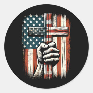 American Usa Flag Christian Cross Jesus 4th Of Jul Classic Round Sticker