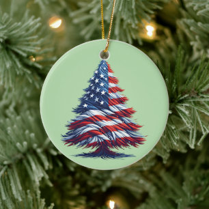 American USA Flag Christmas tree Patriotic Art Ceramic Ornament