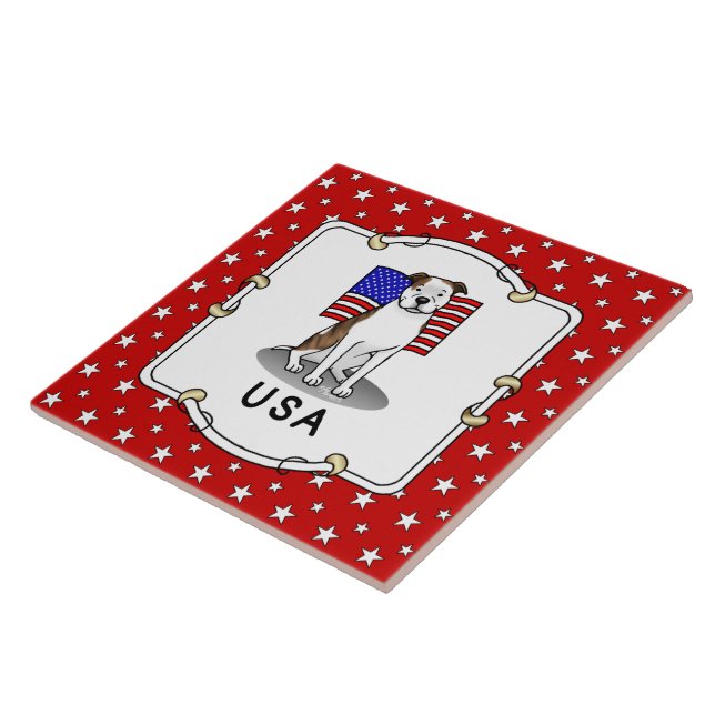 American USA Flag Pit Bull (lt brindle white 3) Tile (Side)