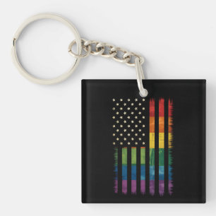 American USA Flag Rainbow Pride Gay Lesbian LGBTQ Keychain