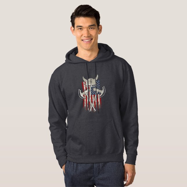 American Viking. Flag, Distressed, Helmet, Axe Hoodie (Front Full)