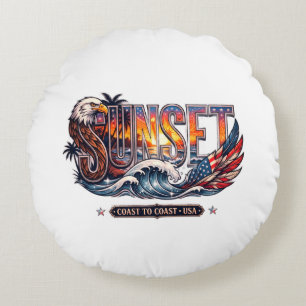 American Vintage Eagle & Flag "SUNSET" Wave Round Pillow