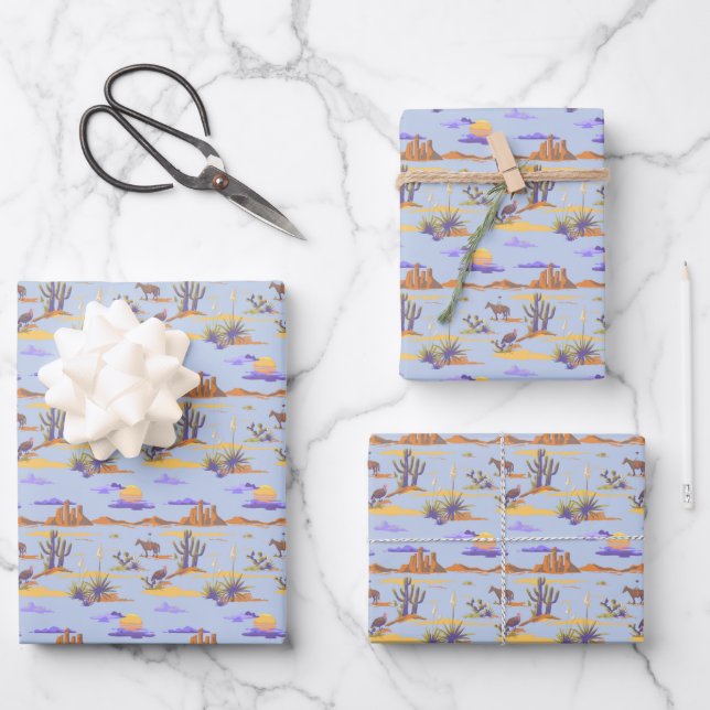 American Western Desert Cowboy Cactus Pattern Sun Wrapping Paper Sheet (Front)