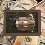 American Wigeon Duck on Pond Trifold Wallet<br><div class="desc">For nature and wildlife fans! Secure money and credit cards with this wallet that features the photo image of a male American Wigeon duck,  also known as a Baldpate,  along with his reflection on a pond. Select your wallet colour.</div>