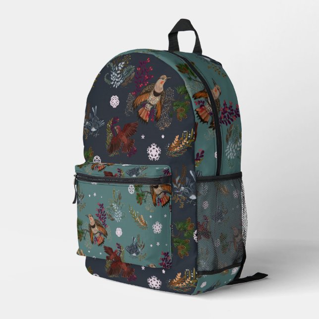 American Winter Birds Woodland Pattern Printed Backpack (Back Corner Right)