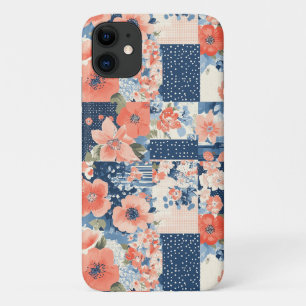 Americana Floral Patchwork Quilt in Navy and Coral iPhone 11 Case