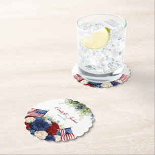 Americana Flowers and Flag Wedding Paper Coaster