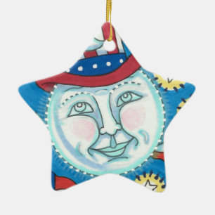 AMERICANA FOLK ART PATRIOTIC MAN IN THE MOON CERAMIC ORNAMENT