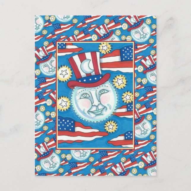 AMERICANA FOLK ART PATRIOTIC MAN IN THE MOON HOLIDAY POSTCARD (Front)