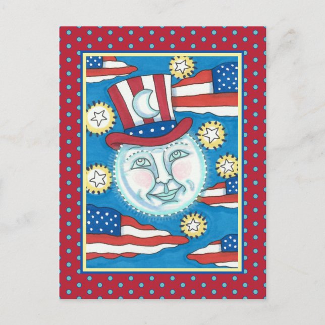AMERICANA FOLK ART PATRIOTIC MAN IN THE MOON HOLIDAY POSTCARD (Front)