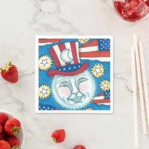 AMERICANA FOLK ART PATRIOTIC MAN IN THE MOON NAPKIN