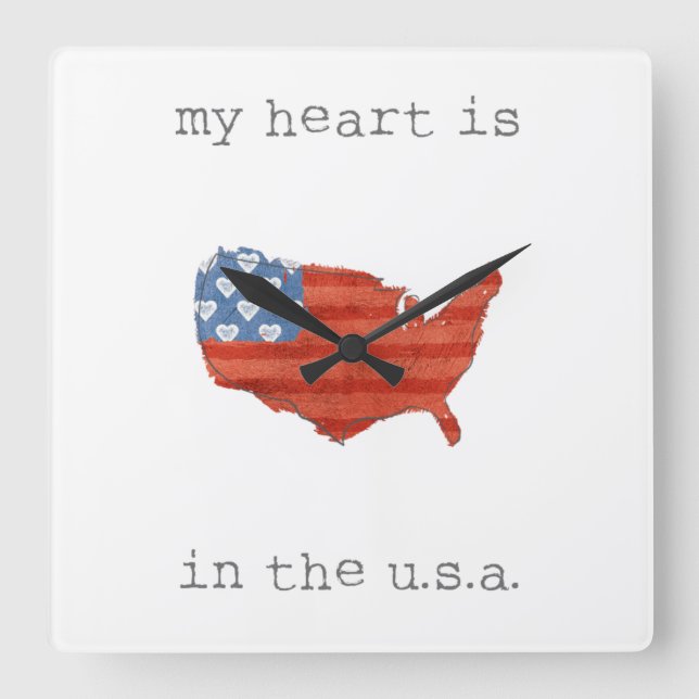 Americana | My Heart Is In The USA Map Square Wall Clock (Front)