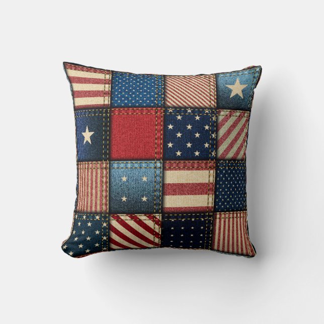 Americana Patchwork Image Throw Pillow (Front)