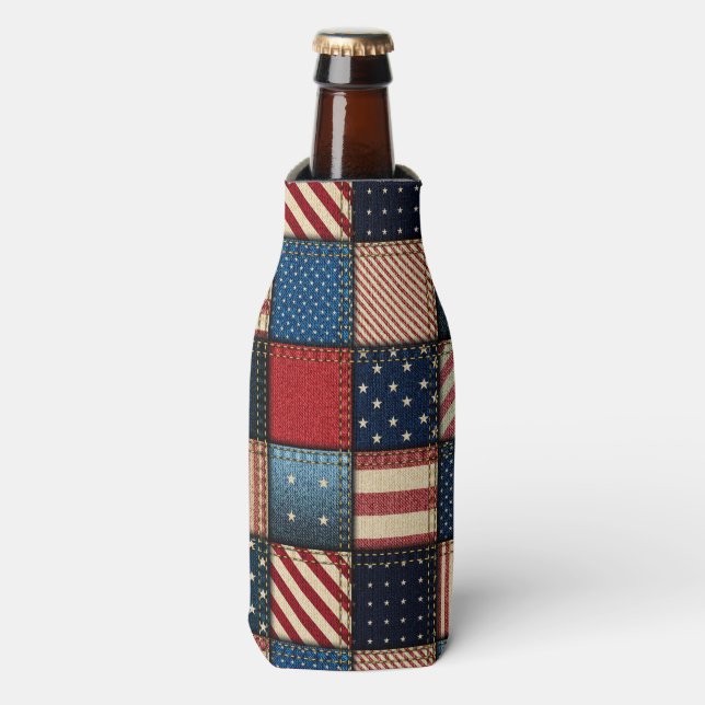 Americana Patriotic Patchwork Image Bottle Cooler (Bottle Front)