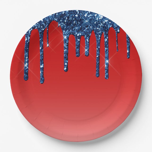 Americana Red Blue Glitter Drip Paper Plate (Front)
