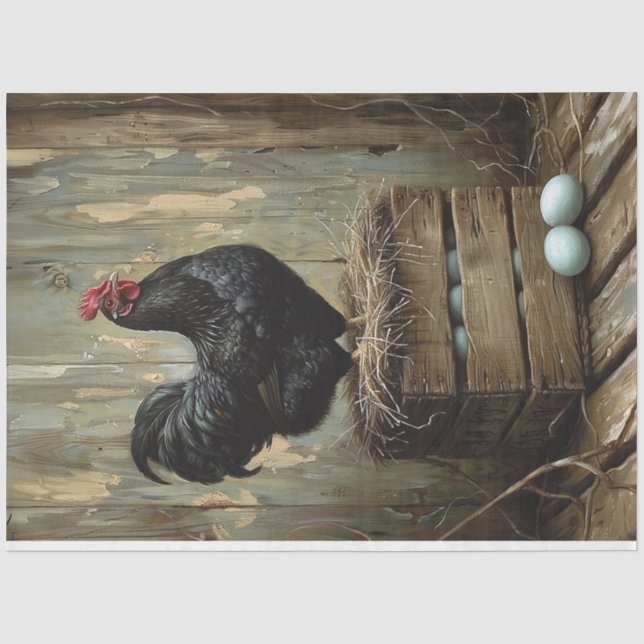 Americana Style Painting of a Black Hen Decoupage Tissue Paper (Front)