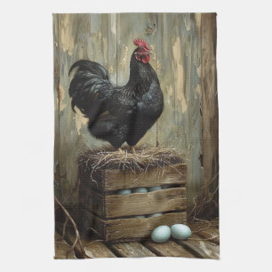 Americana Style Painting of a Black Hen Kitchen Towel