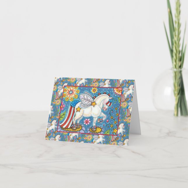 AMERICANA WHIMSYNICKER PATRIOTIC PONY Cute Fantasy Holiday Card (Front)