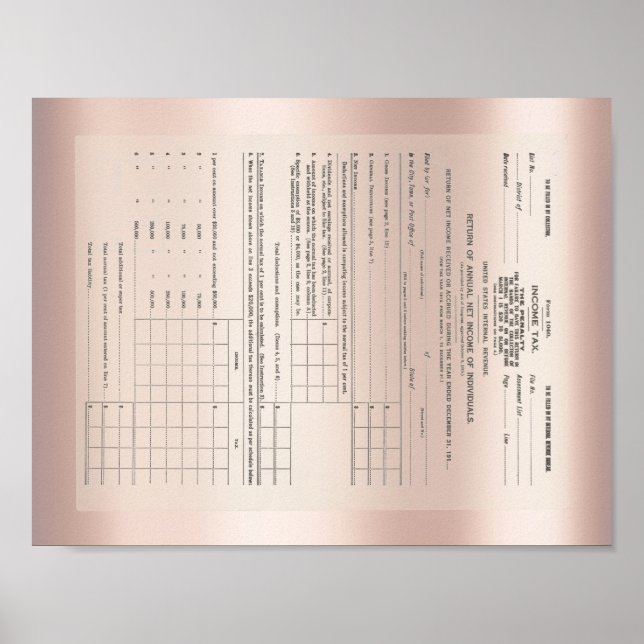 America's First Income Tax Form 1040 Rose Gold Poster (Front)
