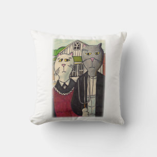 Americat Gothic Classic Cat Art Parody Design Throw Pillow