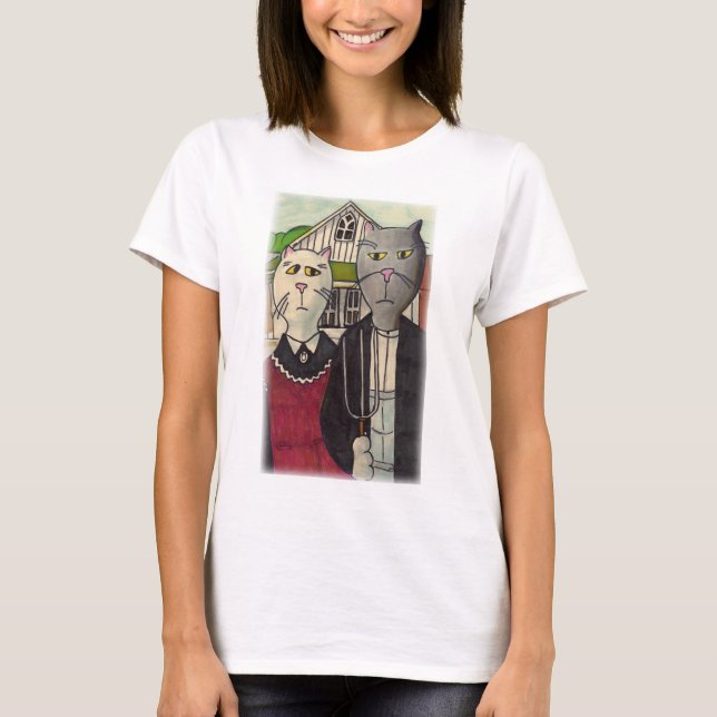 Americat Gothic Cute Cartoon Classic Cat Art T-Shirt (Front)