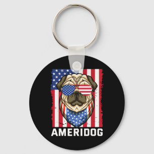 Ameridog American Flag Pug Dog 4th Of July Indepen Keychain