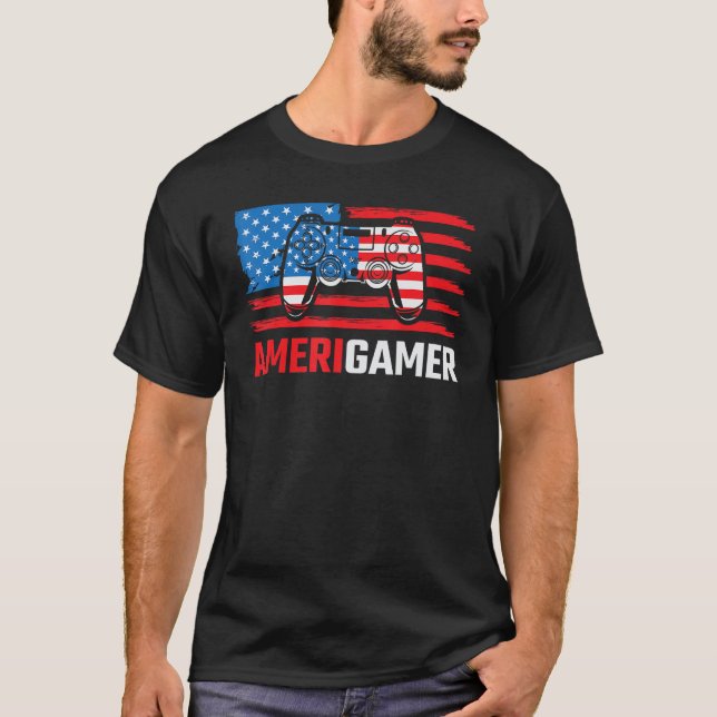 Amerigamer Distressed American Flag Gamer July 4th T-Shirt (Front)