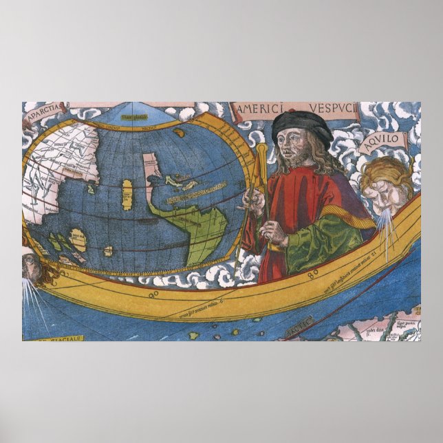 Amerigo Vespucci Explorer on a Map of the Americas Poster (Front)