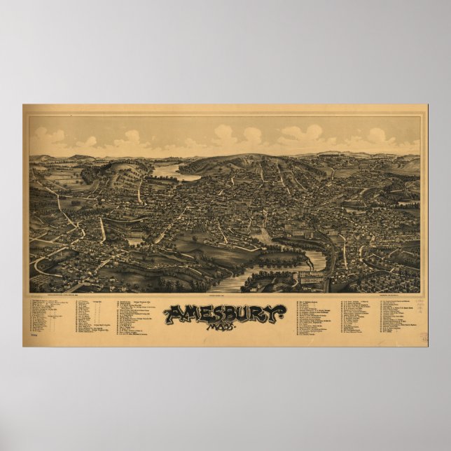 Amesbury Massachusetts 1890 Antique Panoramic Map Poster (Front)