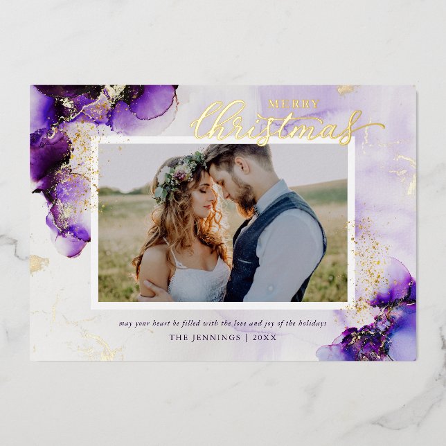 Amethyst and Gold Glam 2 Photo Foil Holiday Card (Front)