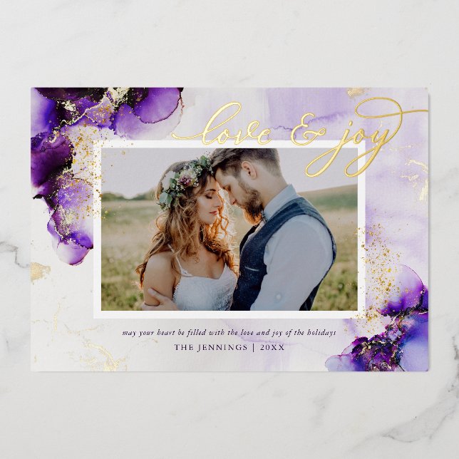 Amethyst and Gold Glam 2 Photo Foil Holiday Card (Front)