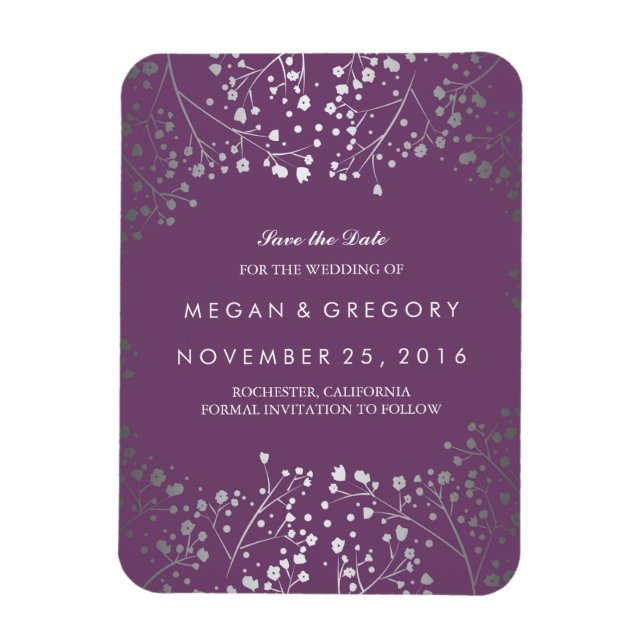 Amethyst and Silver Baby's Breath Save the Date Magnet (Vertical)