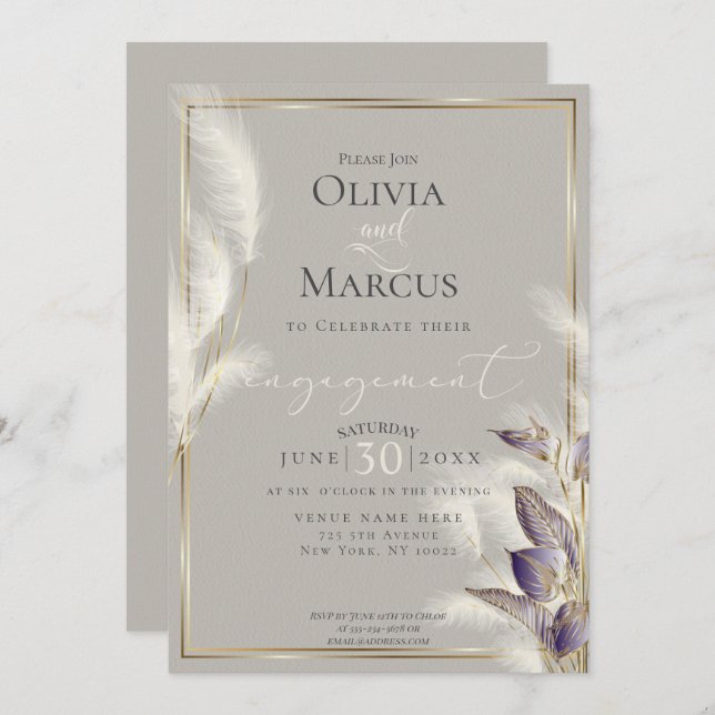 Amethyst Anthurium and Feathery Pampas Grass Invitation (Front/Back)