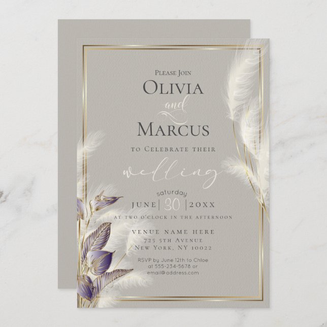 Amethyst Anthurium and Feathery Pampas Grass Invitation (Front/Back)