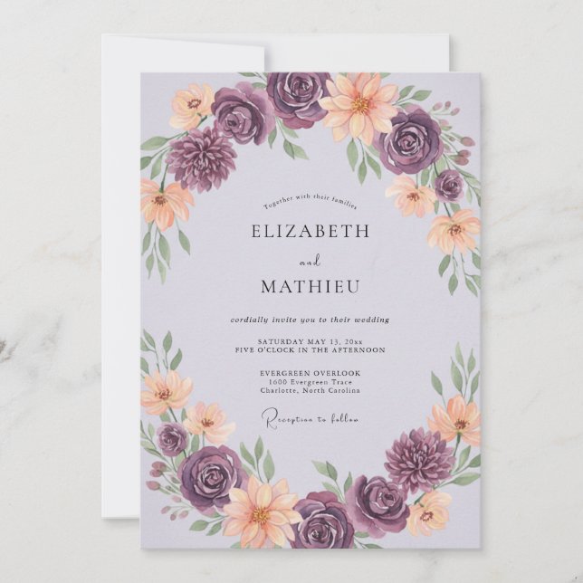 Amethyst Apricot Ranunculus Eucalyptus Wedding Invitation (Front)