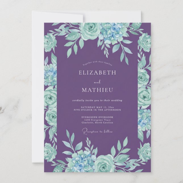 Amethyst Aqua Foliage Eucalyptus Wedding Invitation (Front)