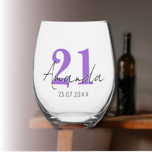 Amethyst Birthday Number Black 3D Name Date Stemless Wine Glass