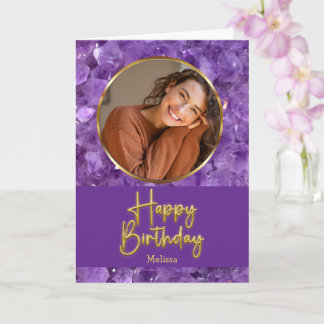 Amethyst Birthstone Gold Script Photo Birthday Card
