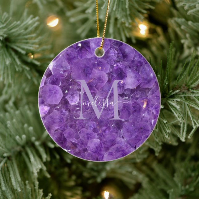 Amethyst Birthstone Monogram Personalized Name Ceramic Ornament (Tree)