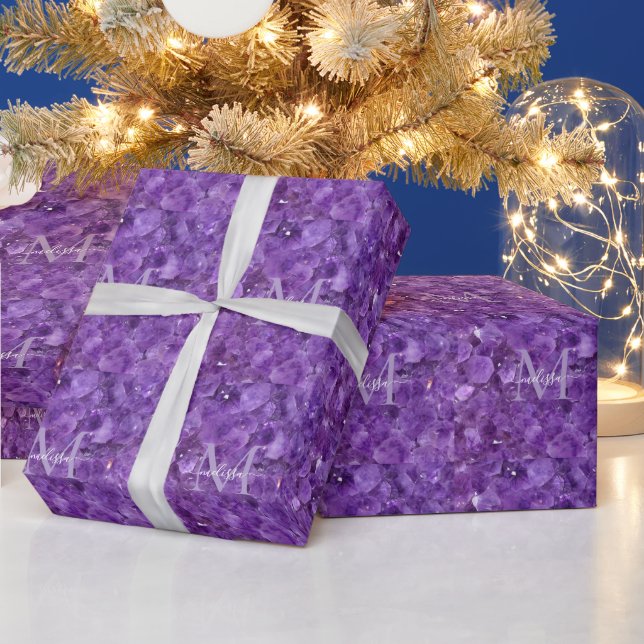 Amethyst Birthstone Monogram Personalized Name Wrapping Paper (Holidays)