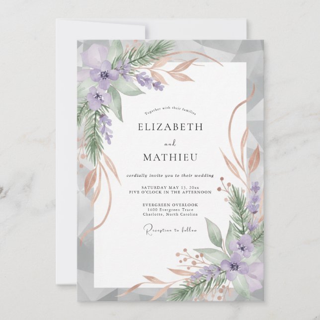 Amethyst Champagne Leaf Wedding Invitation (Front)