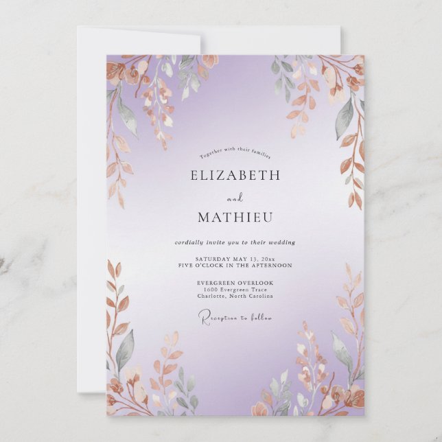 Amethyst Copper Branch Eucalyptus Wedding Invitation (Front)